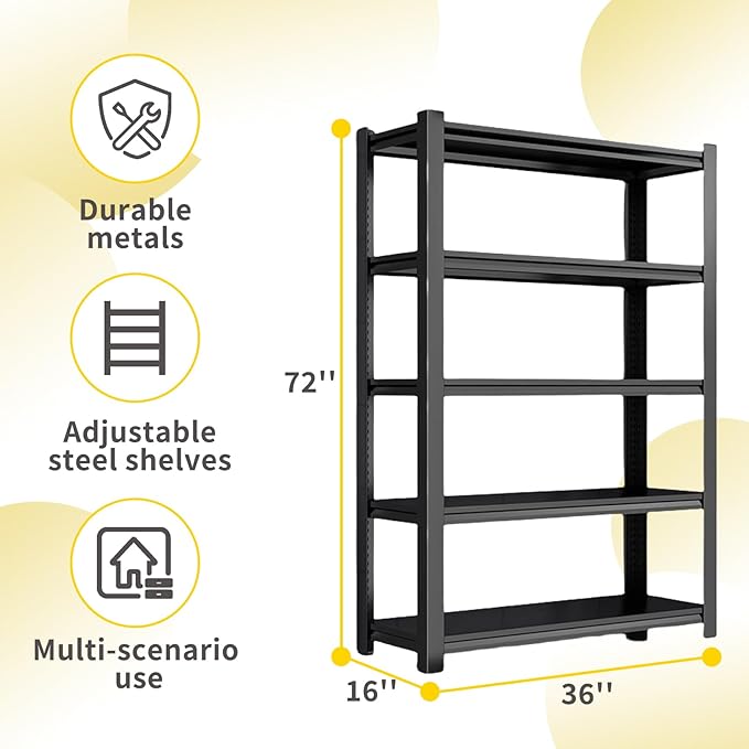 Heavy Duty Garage Shelving, 5 Tier Metal Shelving with Adjustable Shelves, 3000LBS Storage Racks, Shelf Storage Units, Utility Shelves for Garages, Basements, Warehouses, Supermarkets