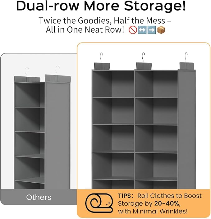 Dual-Row Hanging Closet Organizer – Foldable Clothes Storage Shelves with 3 Hooks, Space-Saving Wardrobe Organizer for Dorm Rooms, Bedroom or Closet (Grey, 6 Tier)