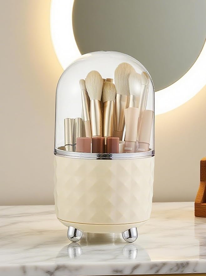 Makeup Brush Holder with Dustproof Lid, 360 Rotating Makeup Brush Organizer, Brushes Cup for Cosmetics, Nail Polish, Bathroom Vanity