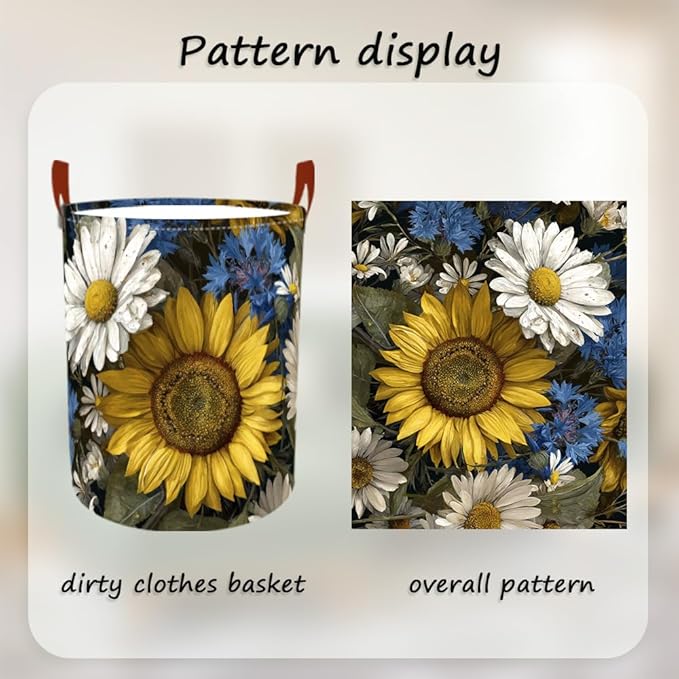 Laundry Baskets 15.7x19.7 Inch Large Vintage Sunflower Daisy Blue Wildflower Design Collapsible Laundry Hamper with Handles Oxford Fabric Clothes Storage Bin Foldable Dirty Clothes for Bedroom