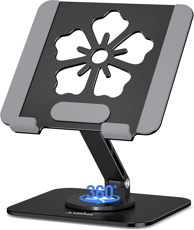 Tablet Stand for iPad, 360° Rotating Aluminum Foldable Holder – Adjustable Desk Stand | Fits iPad Pro 12.9/11,Samsung Galaxy Tab – Portable for Home, Office & Travel,Black