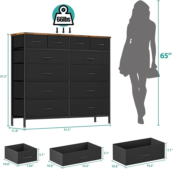 Dresser for Bedroom with 12 Drawers, Tall Fabric Drawer Dresser, Compact Chest of Drawers for Closet, Nursery, Bedside, Living Room, Laundry, Entryway, Hallway