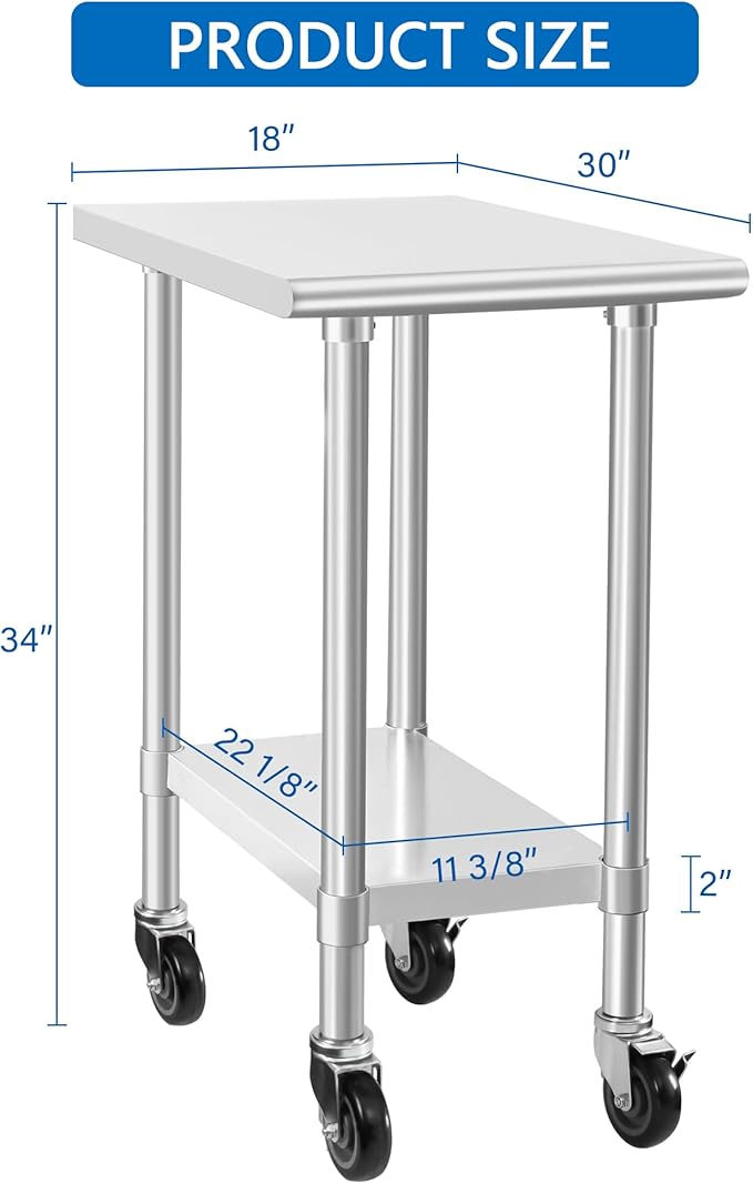 HARDURA Stainless Steel Commercial Table Prep & Work Table with Casters Heavy Duty Metal Table with Wheels NSF 430 30×18 Inches