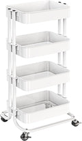Pipishell 4 Tier Metal Rolling Utility Cart, Heavy-Duty Storage Rolling Cart with 2 Lockable Wheels, Multifunctional Mesh Organization Utility Cart for Kitchen Dining Room Living Room, PIUC13W