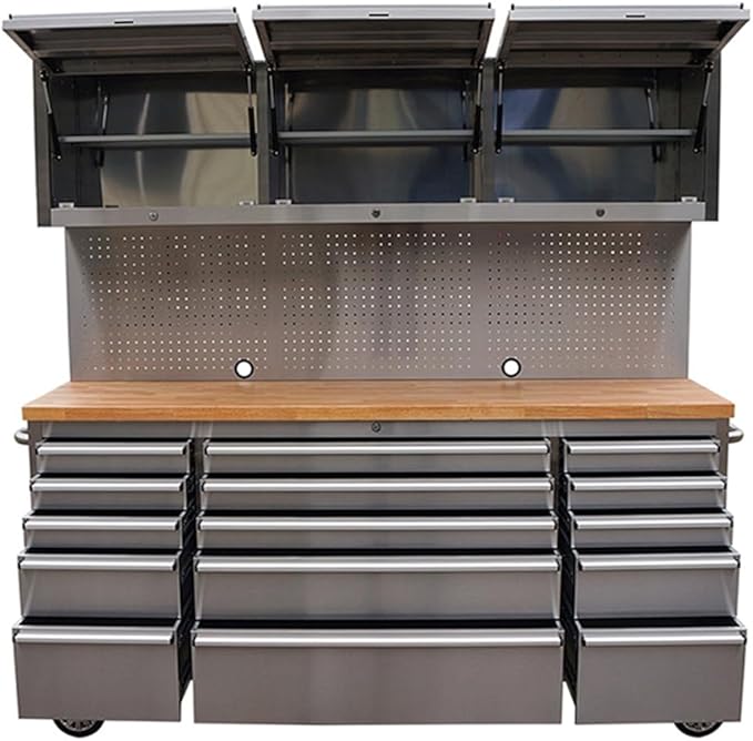 72 inch 15 Drawers Tool Chest with 3 Up Cabinet & Pegboard in Stainless Steel (Stainless Steel)