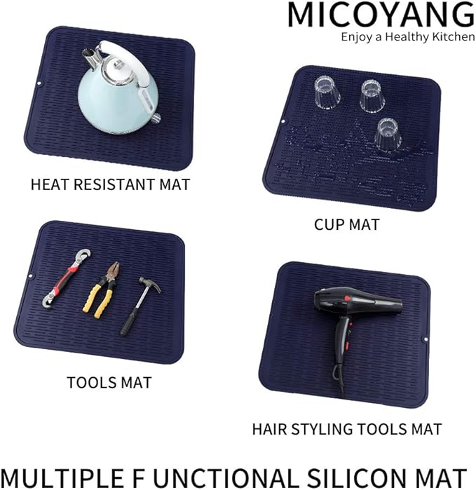Silicone Dish Drying Mat for Multiple Usage,Easy clean,Eco-friendly,Heat-resistant Silicone Mat for Kitchen Counter or Sink,Refrigerator or Drawer Liner Navy Blue XL 18 inches x 16 inches
