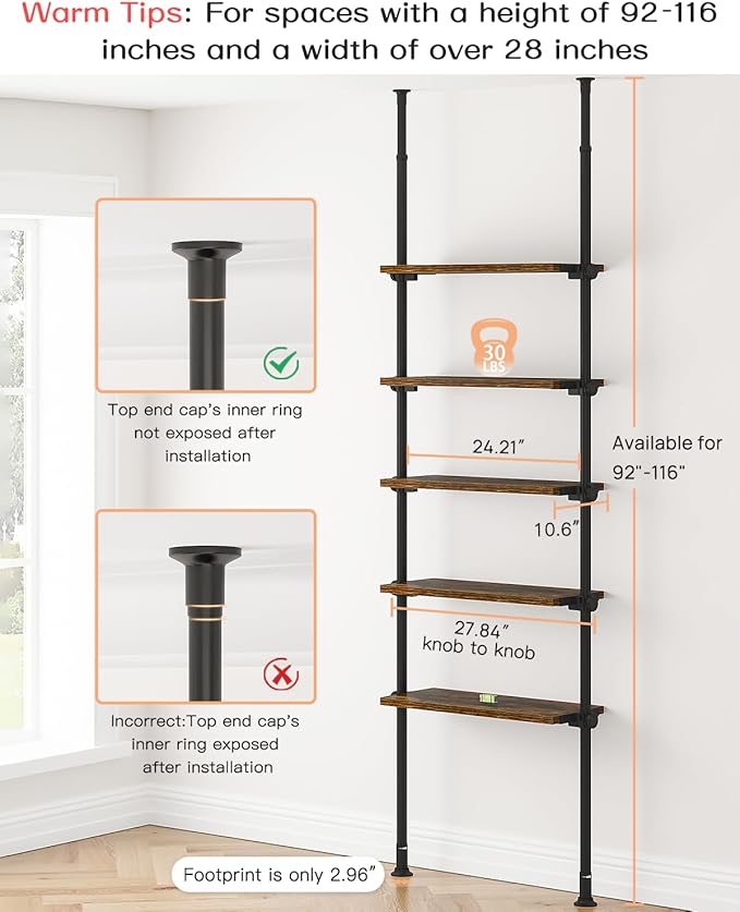 ALLZONE 5 Tiers Narrow Bookshelf, Tall Adjustable Ladder Book Shelf with Open Storage, Floor to Ceiling Tension Mount, Wooden Industrial Bookcase for Living Room, 92 to 116 Inch, Brown