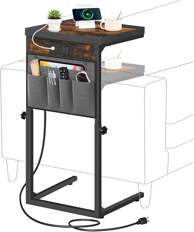 HOOBRO C-Shaped End Table with Charging Station, 29.5” Adjustable Height Side Table with Storage Pocket, Sofa Tray Table Slide Under Couch, for Living Room, Bedroom, Rustic Brown and Black BF78USF01