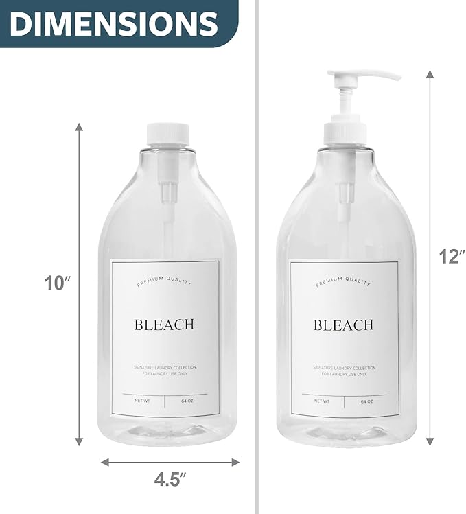Calindiana Modern Farmhouse Bleach Liquid Laundry Detergent Dispenser for Laundry Room Decor and Organization, PET Plastic Landry Soap Containers with Water Resistant Label, Clear 64oz