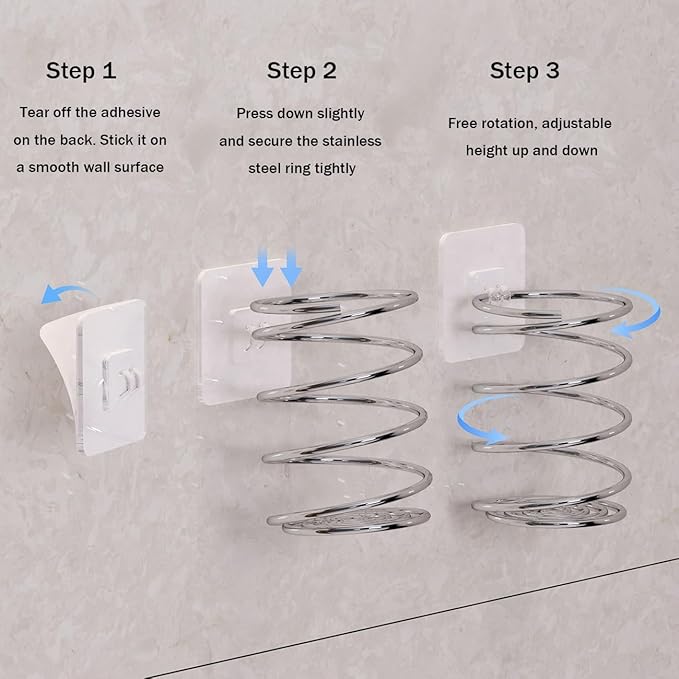 Wall-Mounted Spiral Hair Tool Holder, Adhesive Bathroom Organizer for Toothbrush and Makeup Brushes, Stainless Steel, 8 x 7 cm (3)
