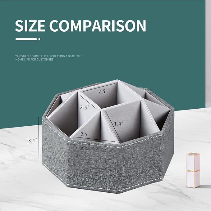 Leather Remote Control Holder,360 Degree Spinning TV Remote Caddy,9 Grids Desk Organizers and Accessories for Storage Controller,Calculator,Mail,Media,Pen,Phone etc(Grey Fish pattern)