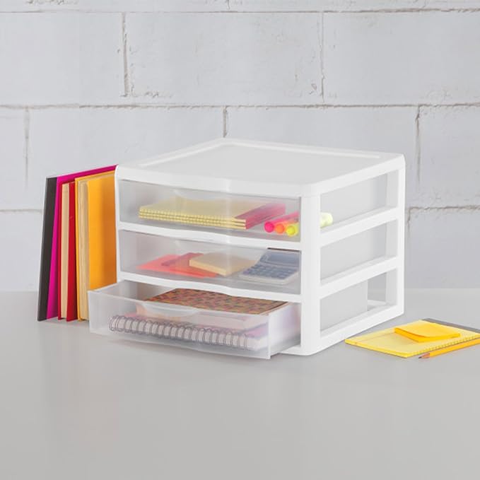 Sterilite 6-Pack Wide 3 Drawer Unit, Plastic Desktop Organizer with Clear Drawers, White Frame - Stackable Multi-Purpose Storage for Office Supplies, Craft Rooms, Classrooms and Home Organization