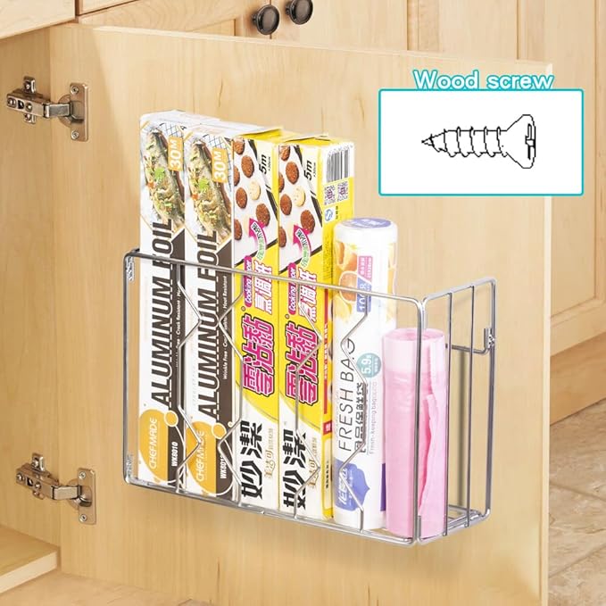 YQh Wall Mount Kitchen Wrap Organizer Rack, Cabinet Storage Basket, Aluminum Foil Rack, Mounts to Solid Cabinet Doors or Walls, Tall Basket Door Mount Cabinet Organizer