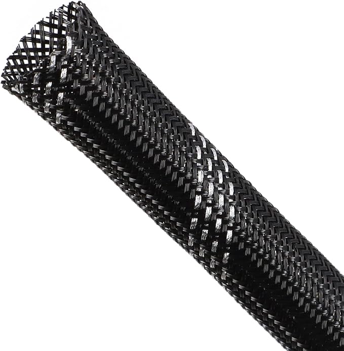 Braided Cable Sleeving, PET Expandable Braided Cable Sleeve, Flexible Mesh Sleeving Cord Management for Audio Video and Other Home Device, Cord Protector from Pets (Black Silver, 5/8" x 25ft)