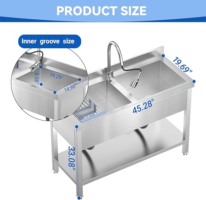 Stainless Steel Utility Sink Commercial Stainless Steel Double Bowl Utility Sink with Faucet, Drainboard & Lower Shelf - Heavy Duty Kitchen Prep & Cleaning Station for Restaurant, Garage, Laundry Room