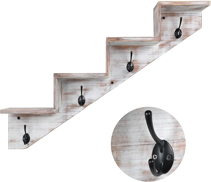 Coat Rack Wall Mount with Shelf, White Ladder Shelf with Hooks Underneath, Wall Mounted Rise Wooden shelves for Decorative, 4 Double Hooks for Hanging Coats, Keys, Books, Flowers, Planter, Towels