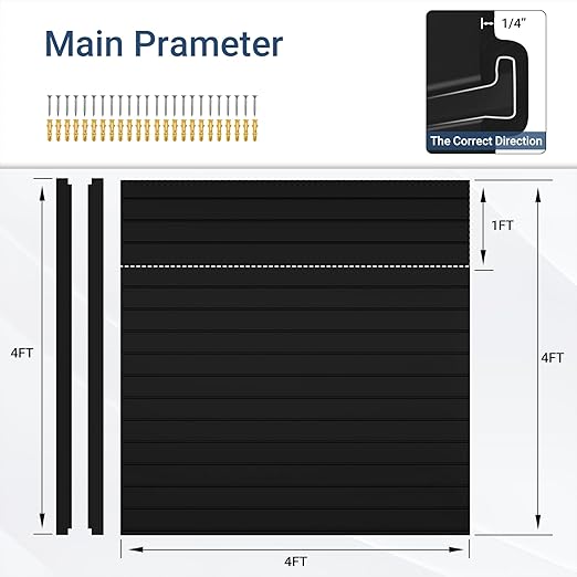 Slatwall Panel 4 FT x 4 FT, Interlocking Slat Wall Paneling, Wall Mounted PVC Wallpanel, Suitable for Garage Storage and Organizer, Slatwall Board, Shelves - Black