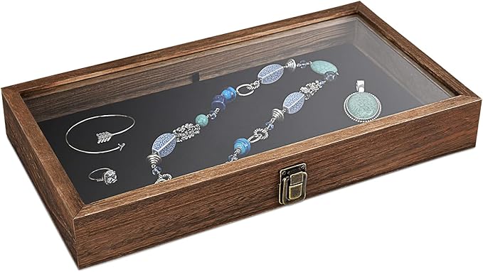 MOOCA Wooden Jewelry Display Case with Tempered Glass Lid and Removable Black Luxurious MDF Velvet Jewelry Display Pad, Pocket Knife Eyewear Case, Brown Color