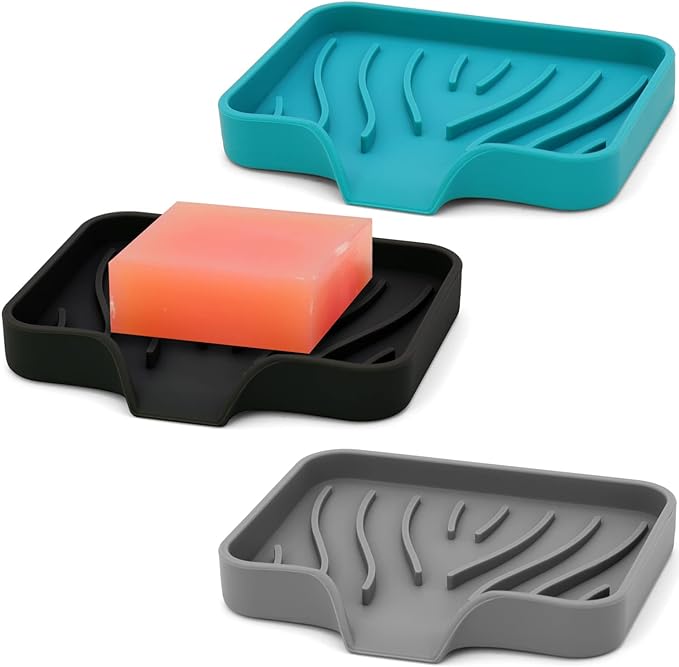 3-Pack Silicone Soap Dish Set – Bar Soap Holder with Self-Draining Design, Easy-Clean Tray for Shower, Bathroom, Kitchen, and Tub