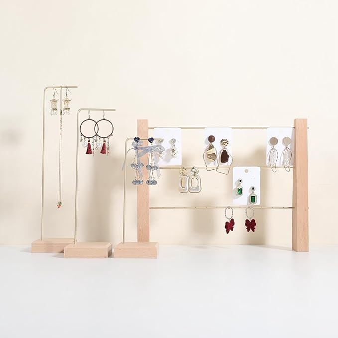 GemeShou 3 Tiers Beech Earring display stands for selling, Wooden Jewelry Shelf, Earring Storage Organizer, Brass earring holders with 42 holes for stud Dangle Hoop【Beech 3-Tier】