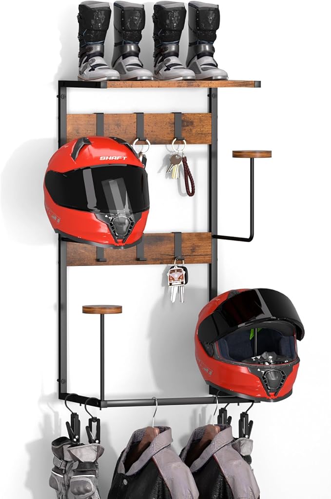 Urban Deco Motorcycle Helmet Holder Wall Mount, Helmet Rack with 4 Hat Stands, Helmet Stand for Display Wall Mount, Motorcycle Accessories Gear Storage for Men, Large