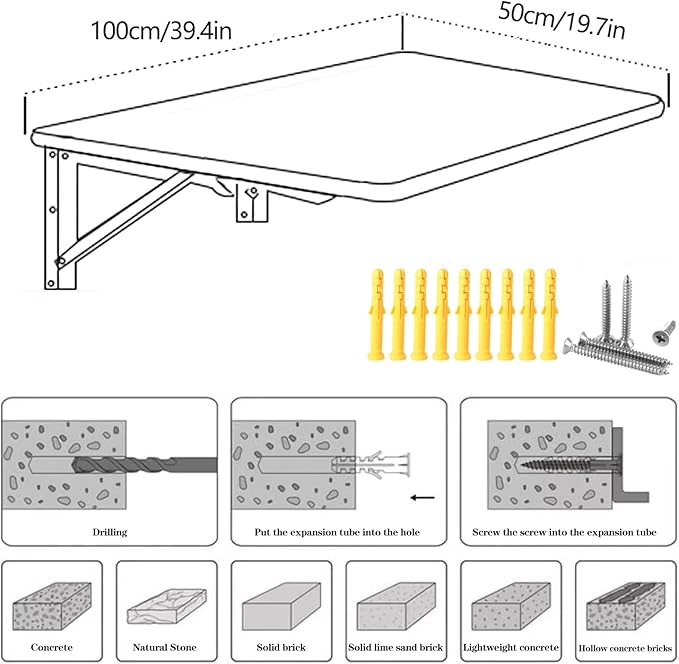Wall Mounted Folding Table,Black Floating Desk for Small Spaces,Stainless Steel Bracket Laundry Folding Table,Wall Folding Desk,Home Bars and Dining Establishments(100x50cm/39.4"×19.7")