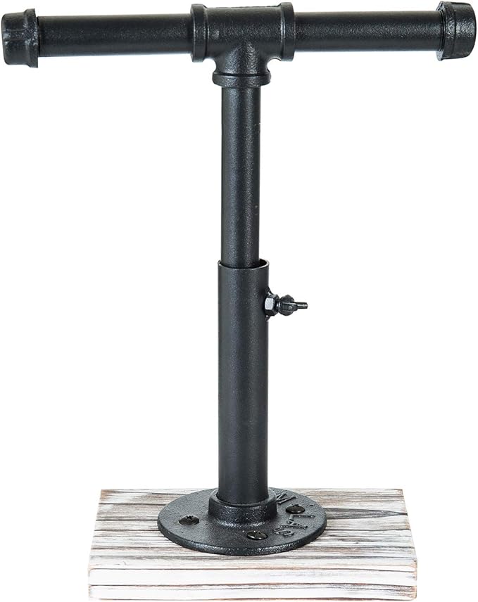 MyGift Industrial Pipe Black Metal T-Bar Adjustable Height Jewelry, Bracelet & Necklace Display Stand with Torched Wood Base