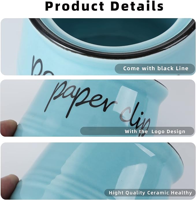 ONTUBE Farmhouse Paper Clip Holders,Ceramic Binder Clip Dispenser Organizer for Desk ,Cute Office Push Pins Holder,12 oz (Turquoise)