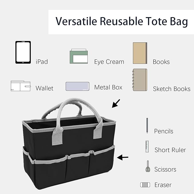 Cupohus Art Organizer Craft Storage Tote Bag with Pockets and Hadles, Oxford Fabric Carrying Caddy for Teacher, Officer, Artist, Students, Traveler, and more – Black with Grey Edge