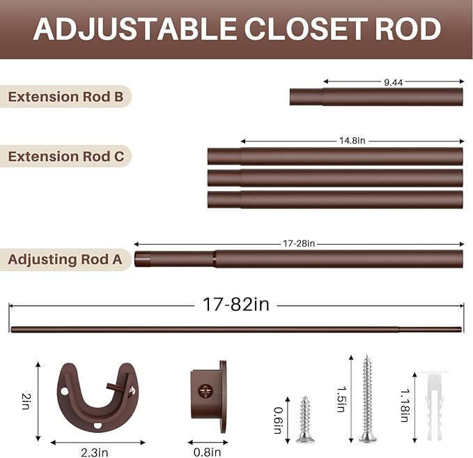 Closet Rod - Closet Rods for Hanging Clothes, 17 to 82 inch Adjustable Closet Hanging Rod, Heavy Duty Clothes Rod Clothing Bar, Closet Poles for Hanging Clothes for Wardrobes, Shower Curtain