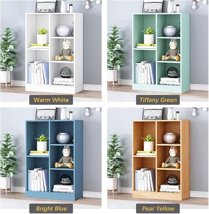 IOTXY Open Shelf Low Bookcase - Wooden 3-Tier Floor Standing Display Cabinet Organizer with Base, 5 Cubes Short Horizontal Bookshelf in Bright Blue