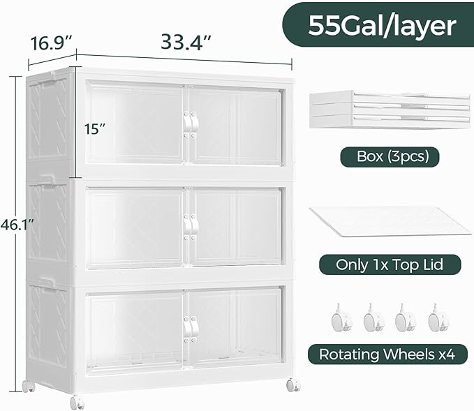 660QT Extra Large Stackable Storage Bins with Lid, 165Gal Collapsible Closet Organizer Box with Wheels, Folding Plastic Storage Cabinet with Doors for Home Kitchen Office Dorm, 3Pack White