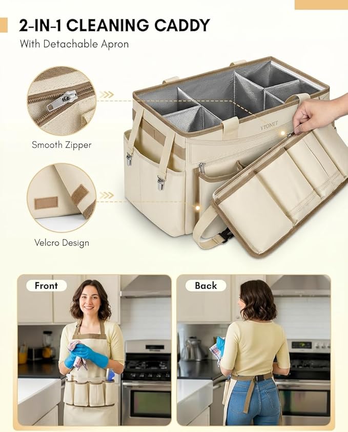 Ytonet Cleaning Caddy Bag with Detachable Apron, Extra Large Cleaning Supplies Organizer with Foldable Dividers, Portable Cleaner Tote with Handle, Cleaner Caddy for Kitchen, Detailing Bag, Apricot