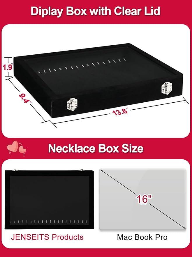 Jenseits Necklace Organizer Box, Tray with Clear Lid, Velvet Dustproof Necklaces Holder Storage Display Case, 20 Hooks Glass Top Jewelry Tray Drawer Insert for Pendant Bracelet