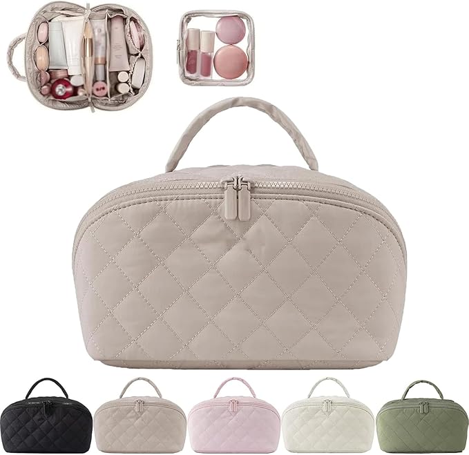 2026 New Travel Makeup Bag,Festivalment Wide Open Lay-Flat Water-Resistant Cosmetic Case,Puffy Padded Organizer for Toiletries & Brushes Large Capacity with Compartments (Beige)