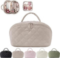 2026 New Travel Makeup Bag,Festivalment Wide Open Lay-Flat Water-Resistant Cosmetic Case,Puffy Padded Organizer for Toiletries & Brushes Large Capacity with Compartments (Beige)
