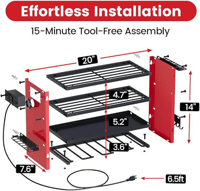 4 Layers Power Tool Organizer Wall Mount with Power Strip, Heavy Duty Metal Tool Shelf, 400lbs Capacity for Cordless Drills, Batteries & Garage Storage (4 Slots with 2 Outlets Power Strip)