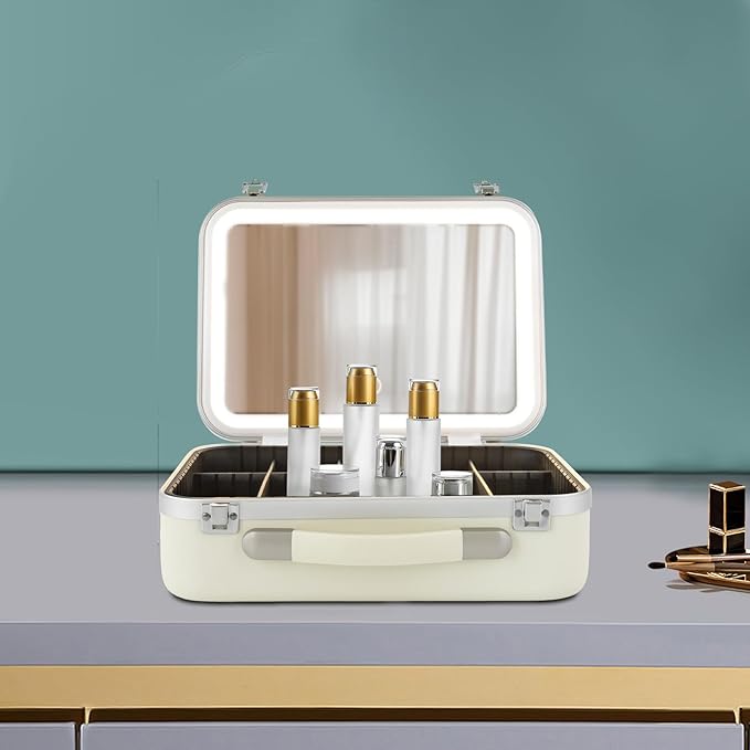 White Rectangular Makeup Case with Mirror, Travel Makeup Bag with Adjustable LED Light in 3 Colors, Portable Train Suitcase for All Kinds of Cosmetics
