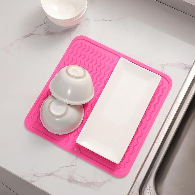 Silicone Dish Drying Mat for Multiple Usage,Easy clean,Eco-friendly,Heat-resistant Silicone Mat for Kitchen Counter or Sink,Refrigerator or Drawer liner Rose M 12 inches x 12 inches