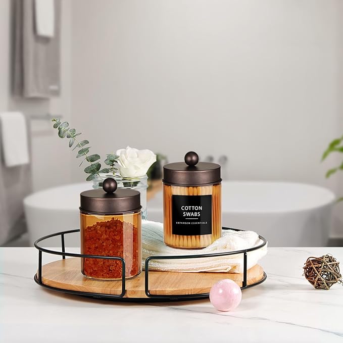 Amolliar Bronze Glass Apothecary Jar With Metal Lid & Stickers, Bathroom Qtip Dispenser Storage Canister, Perfect for Cotton Balls, Cotton Swabs, Makeup Pads, Bath Salt, Floss,4 Pack (Bronze)