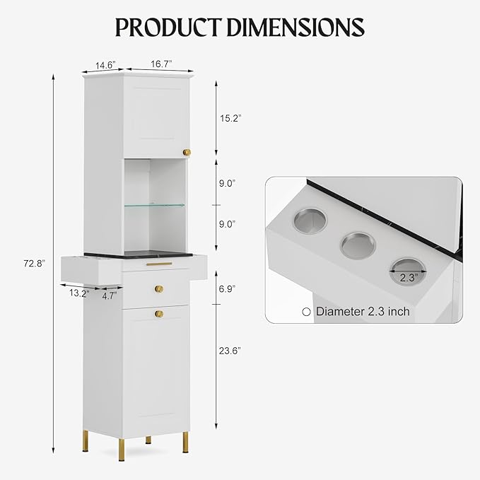 Salon Stations for Hair Stylist, Barber Station w/Glass Shelf & Golden Handles, Hair Salon Station Beauty Salon Spa Equipment w/6 Hair Dryer Holders, 2 Storage Cabinet & Drawers(White)