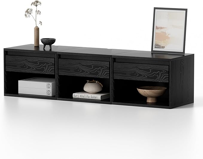 Floating Nightstand Set of 3, Wall Mounted Bedside Table with Storage Drawer and Open Shelf, Modern Night Stand with Handless Design for Living Room, Bedroom, Dorm, Black