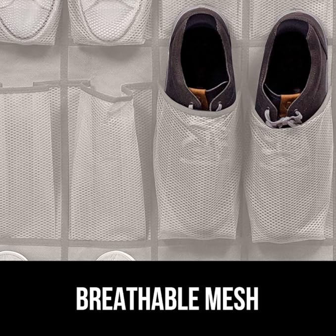 GORILLA GRIP Over the Door Shoe Organizer, 24 Large Breathable Mesh Pockets, Space Saving Hanging Storage Holder, Closet Rack Hanger Holds Up to 40 lbs, Hangs on Closets for Shoes, Accessories, Linen