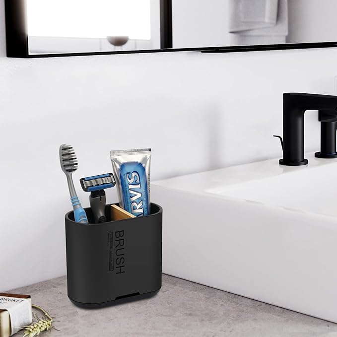 Toothbrush and Toothpaste Holder with Bamboo Divider for Bathroom Countertop Organizer, Detachable for Easy Clean, 2 Slots Electric Toothbrush Holders Storage Caddy Drainage for Family-Black