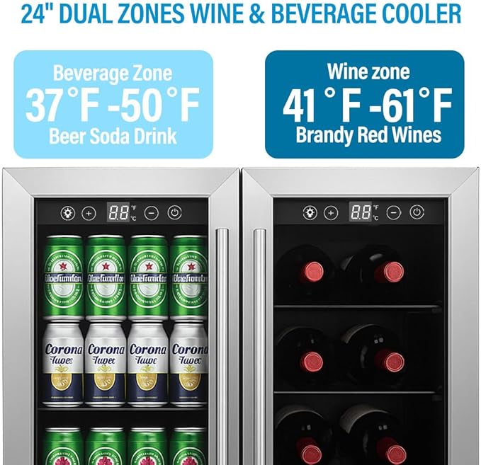 5.4 Cubic Feet/176 Can Fridge, 24 inch Freestanding Beverage Refrigerator Dual Zone with Glass Front Door for Soda, Beer Under Counter Drink Refrigerator with Adjustable Shelves(Silver)