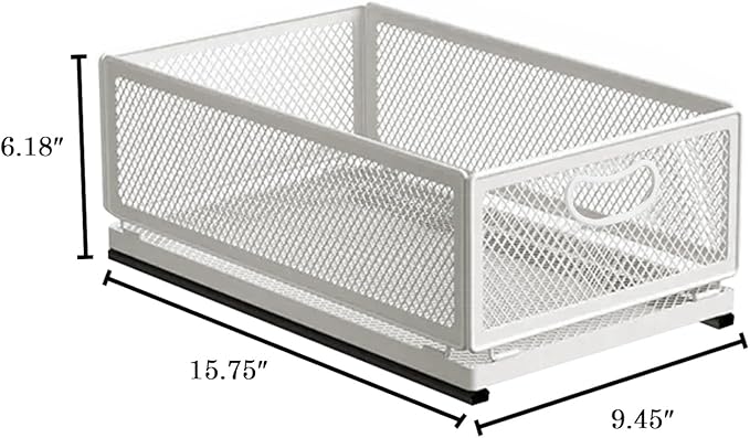 Sliding Cabinet Basket Organizer Drawer Self Adhesive Slide out Pantry Shelves Heavy Duty Carbon Steel Slide Cabinet Storage Basket with Handle for Bathroom Kitchen Home
