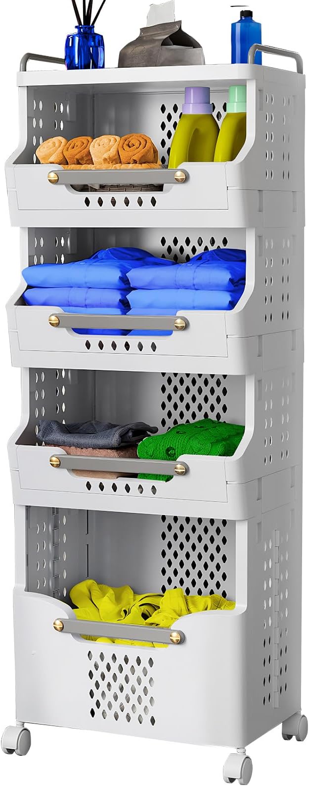 Laundry Basket with Wheels,Rolling Folding Laundry Hamper,utility cart,Kitchen storage Cart,Stackable Storage Bins Open Front,Dirty Clothes Hamper,Plastic laundry room organization