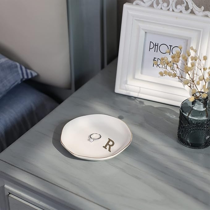 Initials Ring Dish Jewery Tray with Personalized R-Monogrammed Gifts Wedding Engagement for Women Friends Sister,Ceramic White