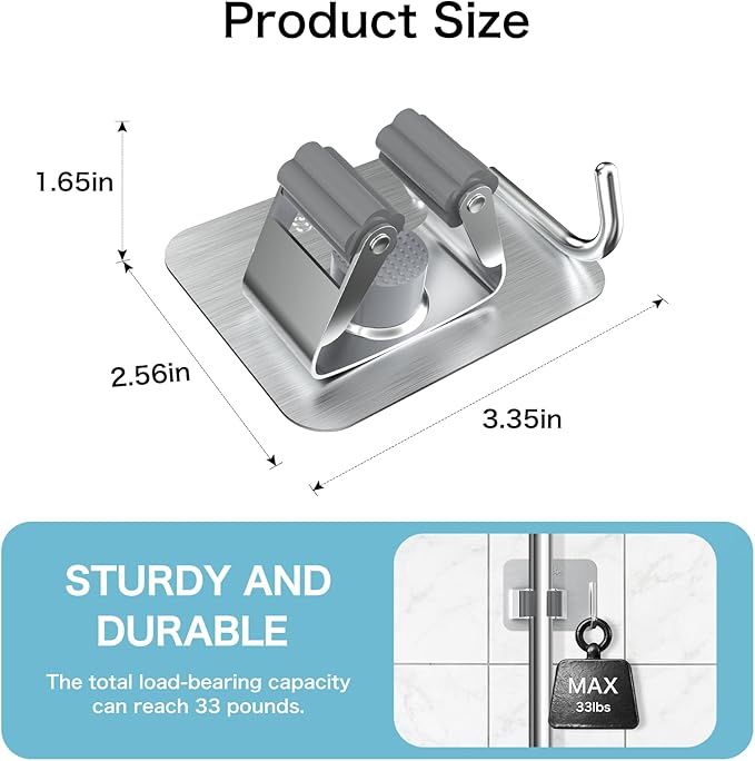 nacena Broom Holder Wall Mount, 4 Packs Silver Stainless Steel Mop and Broom Hanger with Hooks Heavy Duty Broom and Mop Organizer Wall Hanging for Bathroom