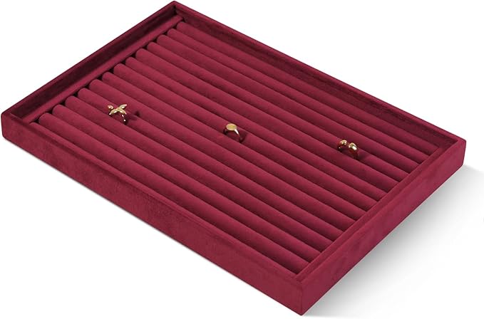 Velvet Ring Display Tray, Stackable Muilt Slot Rings Ear Stud Storage Tray, Drawer Insert Jewelry Accessories Organizers Plate (Red)